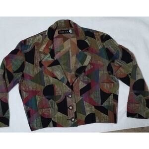 Vintage 80s To Die For Large Cropped Patchwork Tapestry Blazer Made in USA Boho